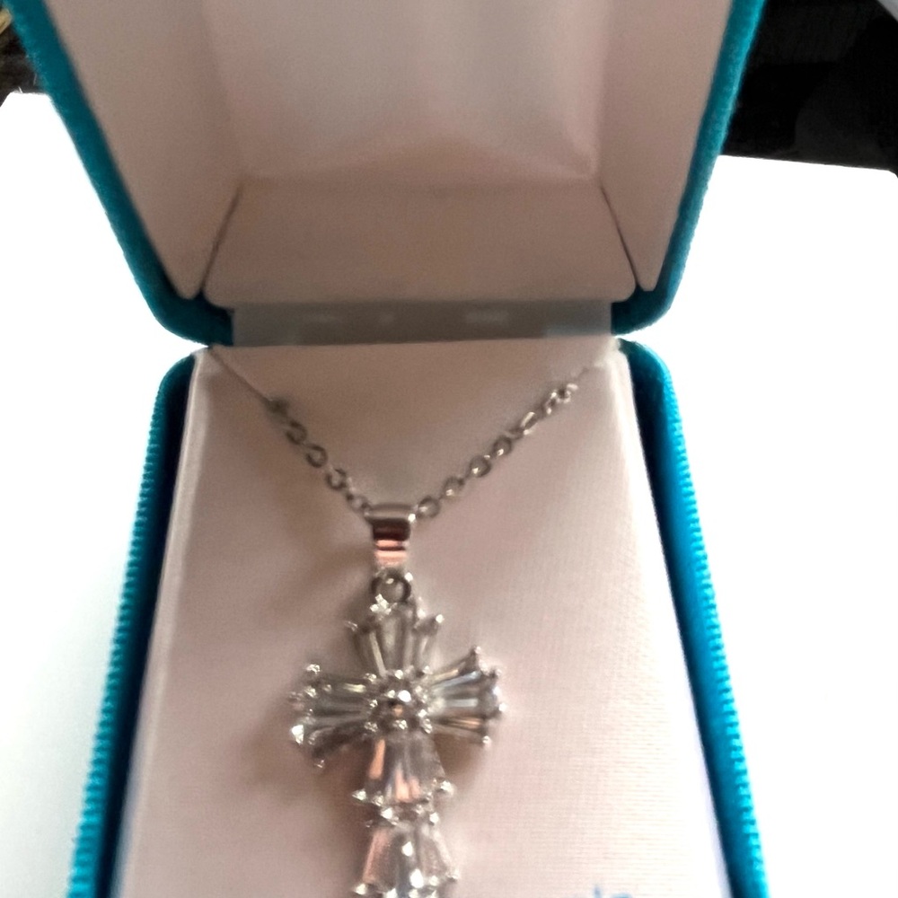 Silver cubic zirconia Cross Pendant Necklace with baguette gems - Picture 2 of 5